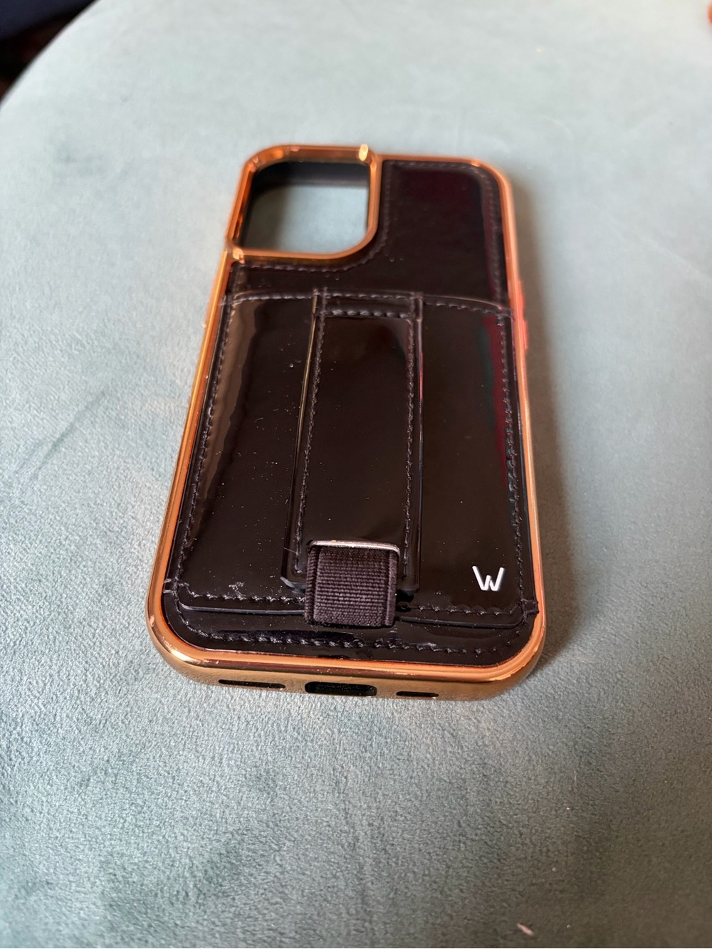 Walli iPhone 16 Patent Black Leather Wallet Phone Case w/ Gold Trim, hand strap